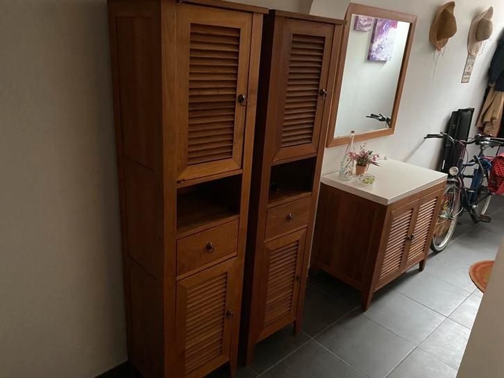 3 Teakkasten met grote spiegel., Huis en Inrichting, Woonaccessoires | Spiegels, Zo goed als nieuw, Ophalen