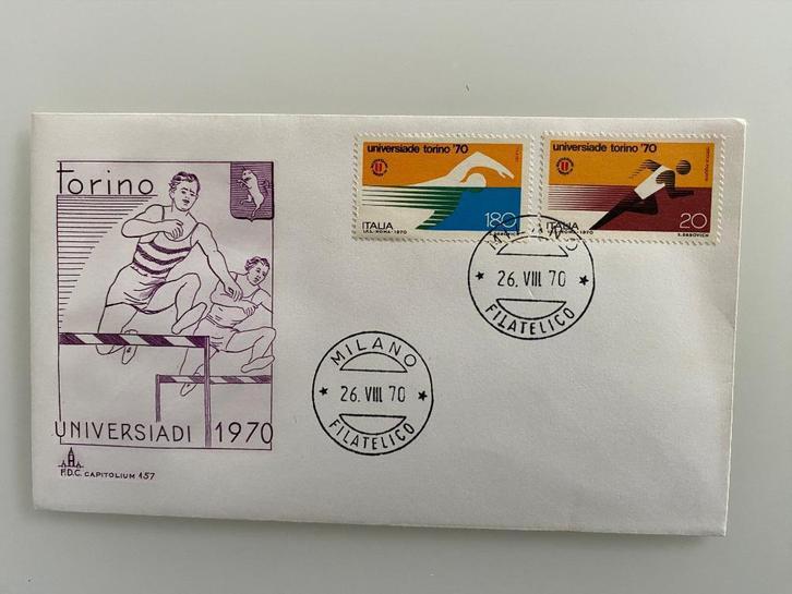 Postzegel First Day Cover Italië Torino Universiadi 1970, Postzegels en Munten, Postzegels | Europa | Italië, Gestempeld, Ophalen of Verzenden