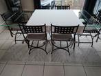 Smeedijzer tafel/glazen blad/6 stoelen, Ophalen, 50 tot 100 cm, Zo goed als nieuw, Vijf personen of meer