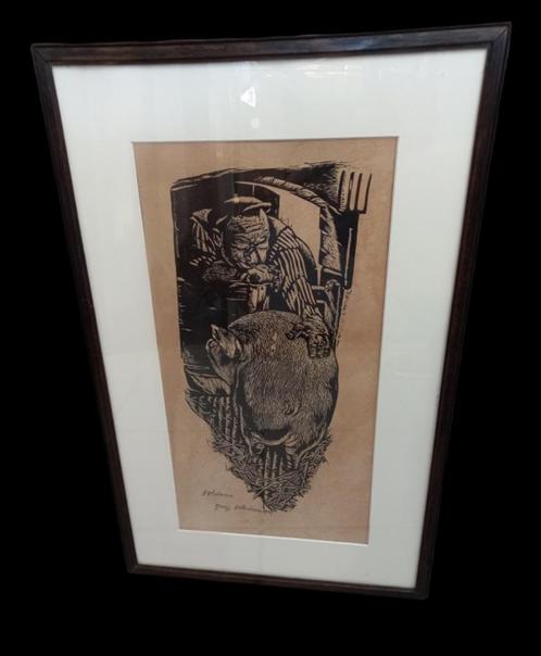 Voldaan George Noteboom 1906-1987 houtsnede., Antiek en Kunst, Kunst | Etsen en Gravures, Ophalen of Verzenden