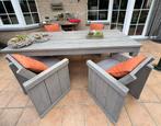 Tafel met 6 stoelen steigerhout, Tuin en Terras, Ophalen, 6 zitplaatsen, Steigerhout, Zo goed als nieuw