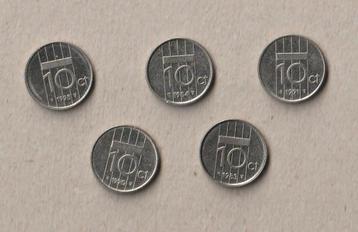 Nederland : 5 (gebruikte) munten van 10 ct (1983-1995) beschikbaar voor biedingen