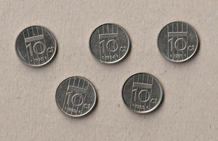 Nederland : 5 (gebruikte) munten van 10 ct (1983-1995), Postzegels en Munten, Munten | Nederland, Setje, Koningin Beatrix, Ophalen of Verzenden