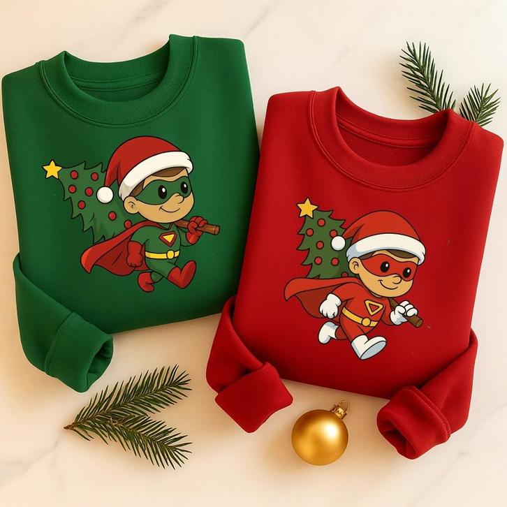 Sweat-shirt de Noël rouge vert avec enfant chibi super-héros, Diversen, Kerst, Nieuw, Verzenden