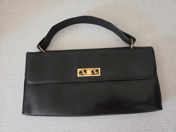 Vintage 70's tas, kalfsleder, zwart., Handtassen en Accessoires, Tassen | Damestassen, Zo goed als nieuw, Handtas, Zwart, Ophalen of Verzenden