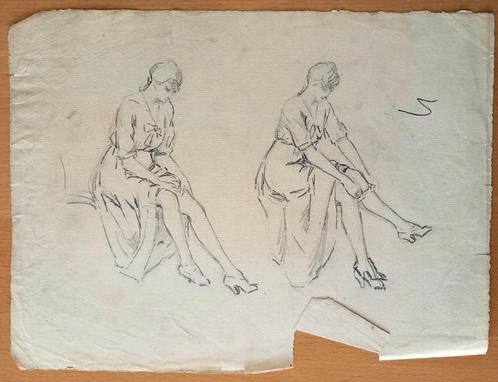 A493-54 Oude tekening Vrouw die kous optrekt - naakte vrouw, Antiek en Kunst, Kunst | Tekeningen en Fotografie, Ophalen of Verzenden
