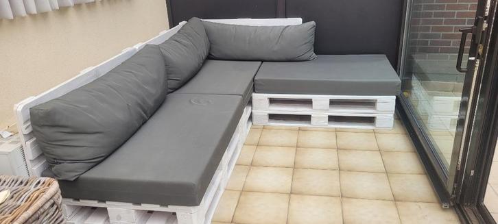 Stevige europallet-hoeksalon met kussens, Tuin en Terras, Tuinsets en Loungesets, Zo goed als nieuw, Loungeset, Overige materialen