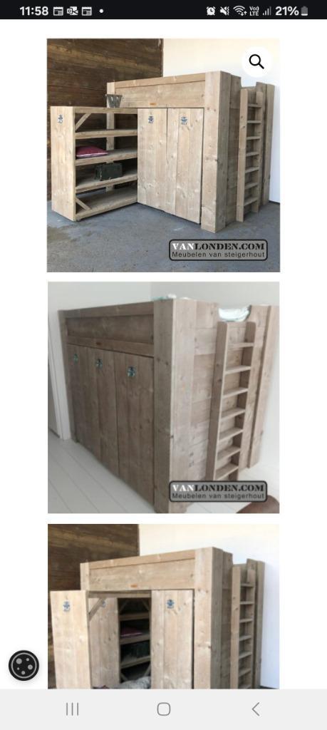 Hoogslaper 140x200 uit steigerhout, Kinderen en Baby's, Kinderkamer | Bedden, Zo goed als nieuw, 180 cm of meer, 100 cm of meer