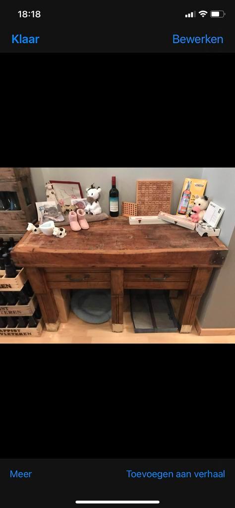 Authentieke kapbloktafel met 2 ladekasten, Antiquités & Art, Antiquités | Autres Antiquités, Enlèvement