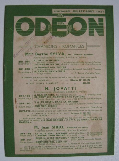 Catalogue Disques vinyles ODEON. 1937. Berthe Silva, RENAULT, Boeken, Muziek, Gelezen, Algemeen, Ophalen of Verzenden