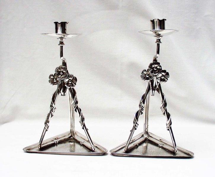 Paire de chandeliers Art Nouveau - A. Dannauer., Antiquités & Art, Antiquités | Bougeoirs, Cuivre ou Bronze, Enlèvement ou Envoi