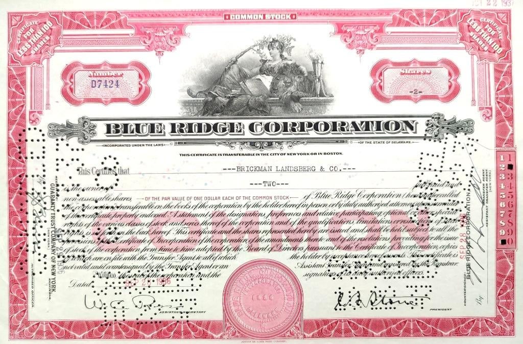 Blue Ridge Corporation (Goldman Sachs schandaal) 1936, Postzegels en Munten, Aandelen en Waardepapieren, Ophalen of Verzenden