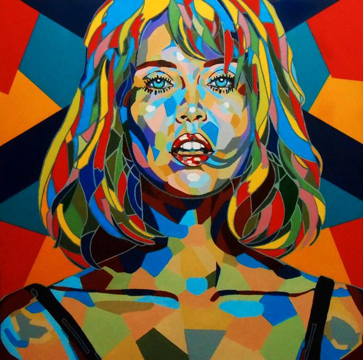 Grande peinture de portrait en mosaïque « Afficher », Antiquités & Art, Art | Peinture | Moderne, Envoi