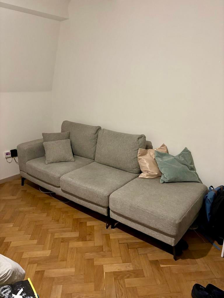 Grijze tweezits zetel met poef, Ophalen, Gebruikt