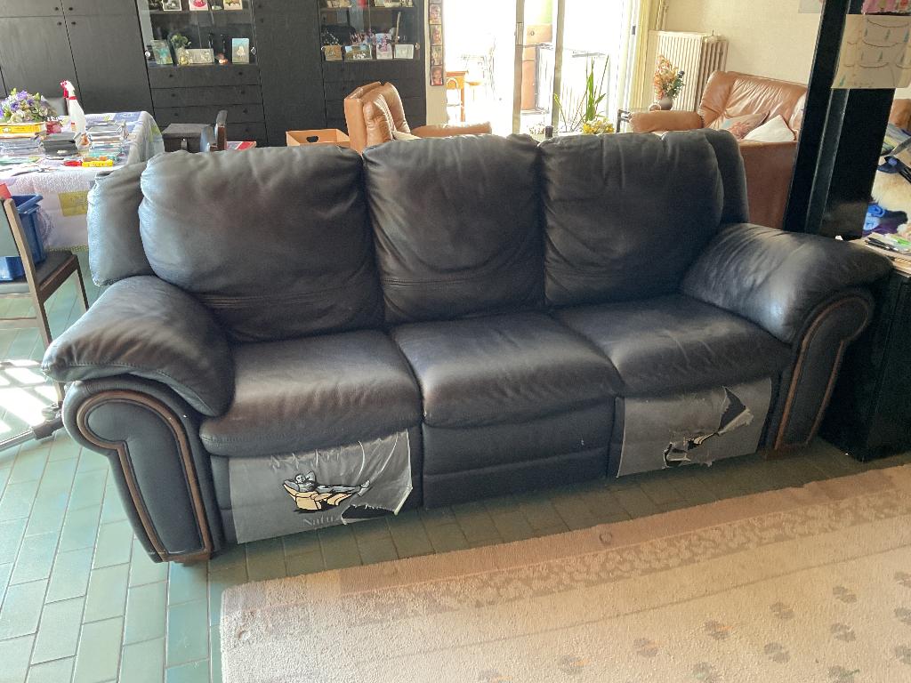 Kwaliteitsvolle lederen zetel met relax, Ophalen, Gebruikt, Driepersoons, Rechte bank