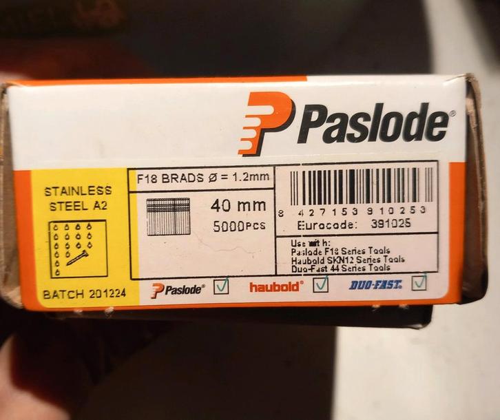 Paslode F18 40mm INOX RVS brads 4750/5000 stuks, Doe-het-zelf en Bouw, IJzerwaren en Bevestigingsmiddelen, Inox, Ophalen