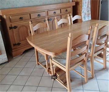 volledige eetkamer in massief eikenhout, Huis en Inrichting, Ophalen, Zo goed als nieuw, Vintage, 6 tot 8 stoelen