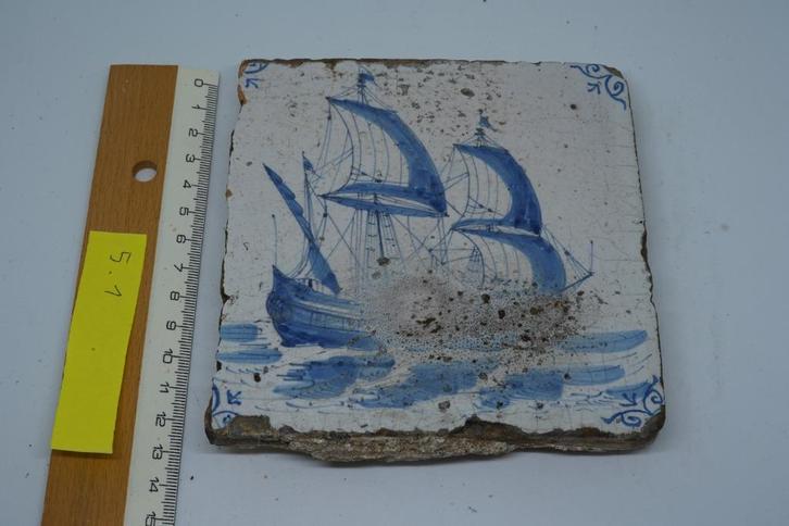 Tegel schip - Authentieke tegels, Delfts/Gents blauw, ..., Antiek en Kunst, Antiek | Wandborden en Tegels, Ophalen
