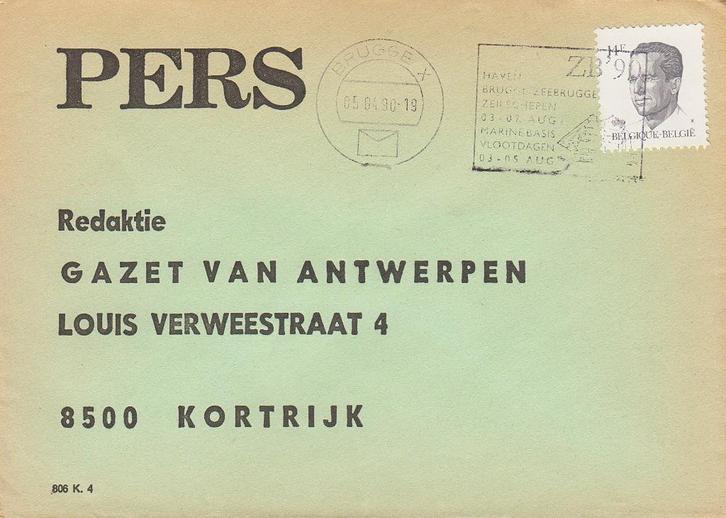 1990 - BELGIQUE - Enveloppe Gazet van Antwerpen + Boudewijn, Timbres & Monnaies, Timbres | Europe | Belgique, Affranchi, Timbre-poste