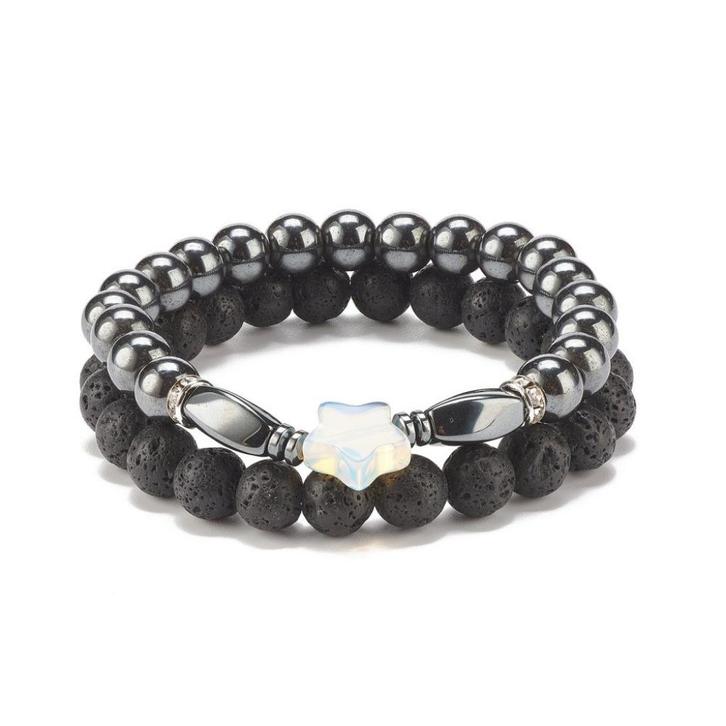 SALE: Set armbanden van lava en hematiet - maat naar wens, Handtassen en Accessoires, Armbanden, Nieuw, Elastiek, Zwart, Met bedels of kralen