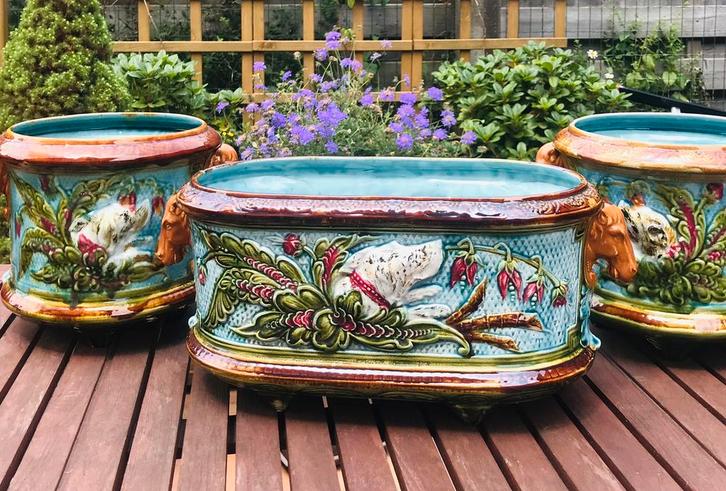 MAJOLICA 3X CACHE POT SLIP PLANTENBAK 19 EEUW, Antiek en Kunst, Antiek | Keramiek en Aardewerk, Ophalen