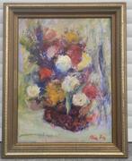 Huile sur toile marouflé fleur signe Alice frey, Antiquités & Art, Enlèvement ou Envoi