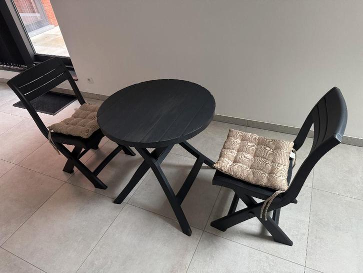 Tuinset: ronde tafel + 2 inklapbare stoelen, Jardin & Terrasse, Ensembles de jardin, Utilisé, Salons de jardin, Synthétique, 2 places