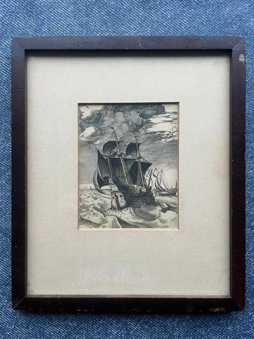 Gravure “Hulk en een boeier” Frans Huys, 1565, Antiek en Kunst, Kunst | Etsen en Gravures, Ophalen of Verzenden