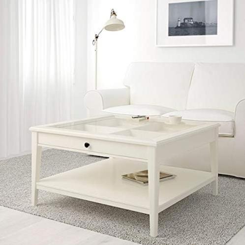 Table basse blanche avec couverture en verre et rangement, Maison & Meubles, Tables | Tables de salon, Neuf, 50 à 75 cm, 50 à 100 cm