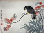 Old Chinese painting silk blackbird on a tree signed & seals, Antiek en Kunst, Ophalen of Verzenden