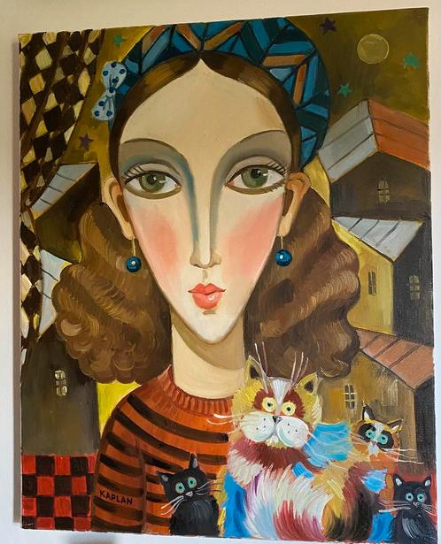 KAPLAN, Mimi en haar katten, Antiek en Kunst, Kunst | Schilderijen | Modern, Ophalen of Verzenden