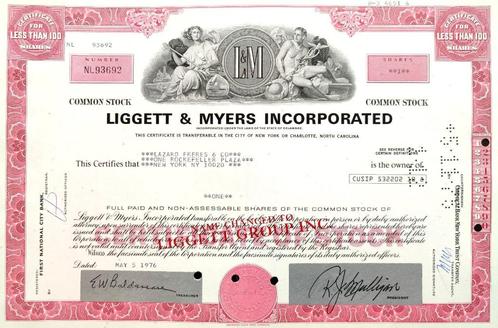 Liggett & Myers (L&M) Incorporated 1976, Postzegels en Munten, Aandelen en Waardepapieren, Certificaat van aandeel, 1970 tot heden