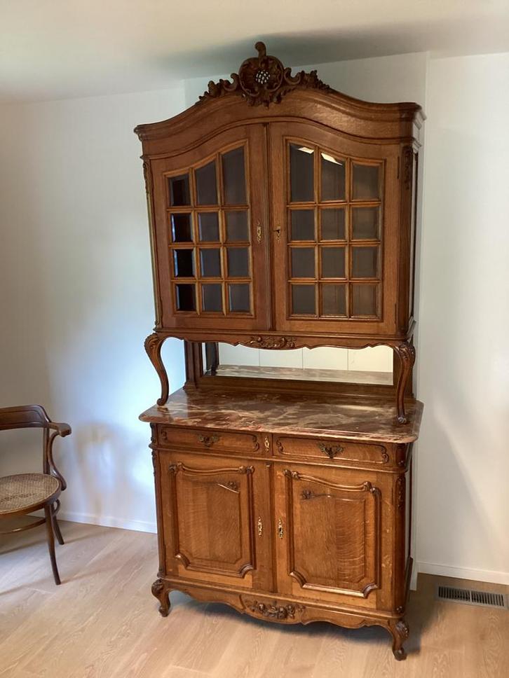 Antieke eikenhouten spiegelkast met marmer blad, Antiek en Kunst, Antiek | Meubels | Kasten, Ophalen