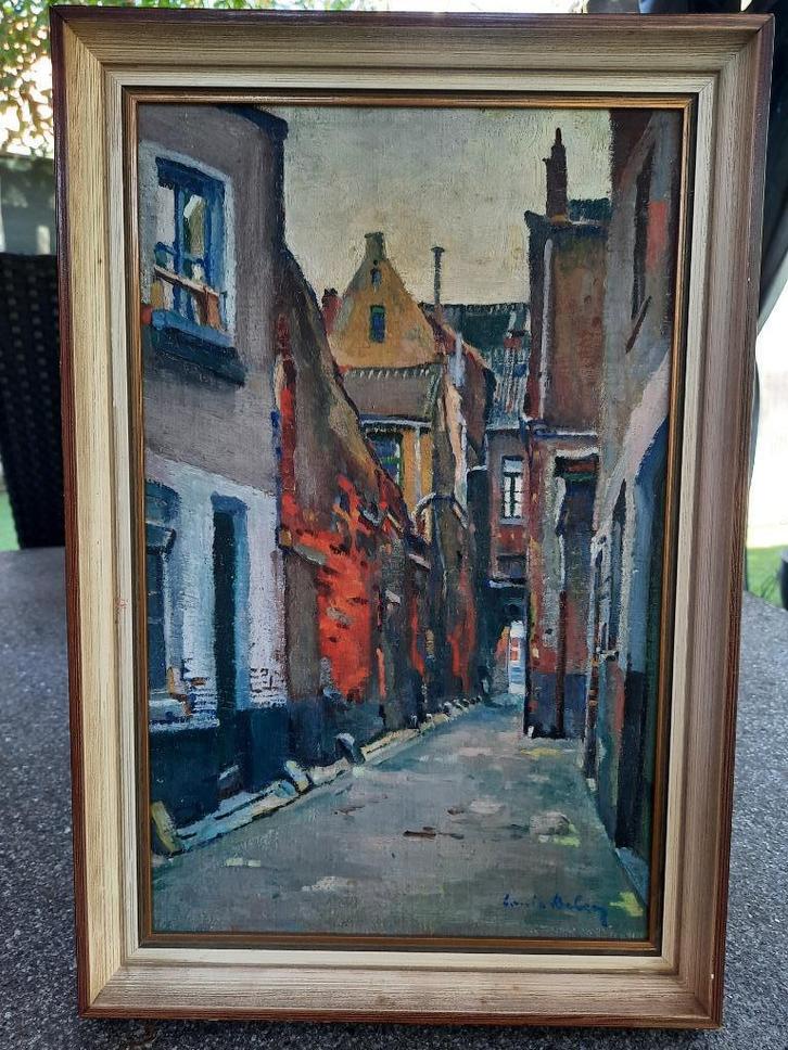 Oud schilderij op paneel, Brussels steegje 1939, Antiek en Kunst, Kunst | Schilderijen | Klassiek, Ophalen of Verzenden