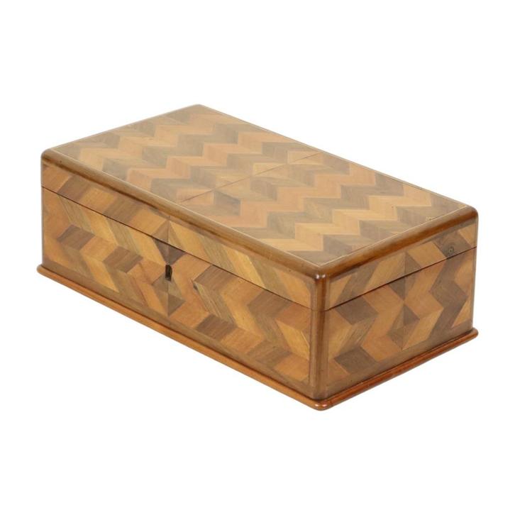 Oude Houten Doos Juwelen Chevron Inlegwerk Art Deco, Huis en Inrichting, Woonaccessoires | Kisten, Gebruikt, Minder dan 50 cm