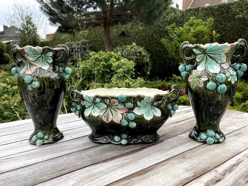 Barbotine - Majolica 3-delige set begin 1900, Antiek en Kunst, Antiek | Keramiek en Aardewerk, Ophalen