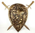 Antiek gehamerd koperen schild in reliëf met tafereel strijd, Antiek en Kunst, Ophalen of Verzenden, Koper
