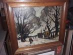 huile sur panneau paysage enneige avec roulotte signe, Ophalen of Verzenden