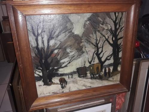 huile sur panneau paysage enneige avec roulotte signe, Antiek en Kunst, Kunst | Schilderijen | Klassiek, Ophalen of Verzenden