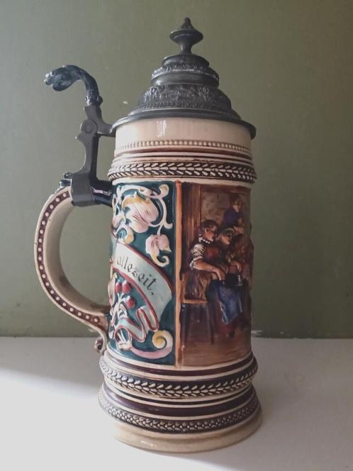 Superbe chope à bière en grès étain Allemagne 1950 Chasse, Antiquités & Art, Antiquités | Céramique & Poterie, Enlèvement ou Envoi