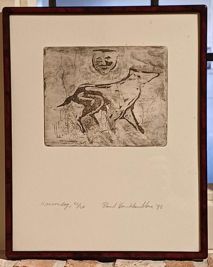 Paul Vandekerckhove, Ets “Moondog” 25x31cm, Antiek en Kunst, Kunst | Etsen en Gravures, Ophalen of Verzenden
