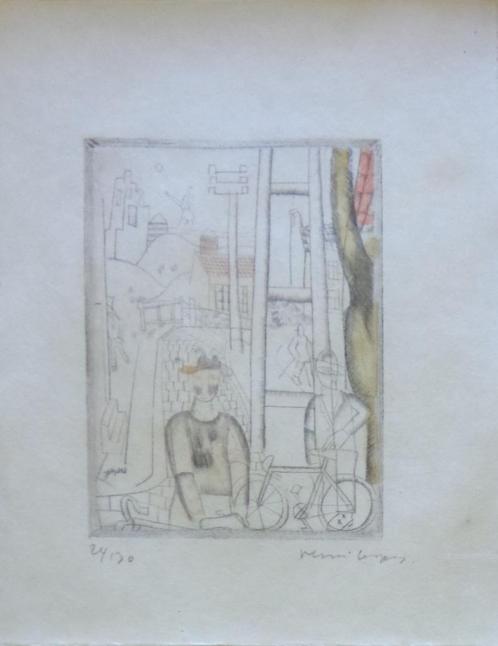 FLORIS JESPERS / FIETSERS / ZW-W ETS + AQUAREL / 23x20cm KAD, Antiek en Kunst, Kunst | Litho's en Zeefdrukken, Ophalen of Verzenden