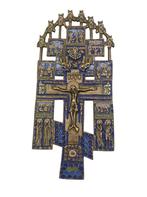 Orthodoxe icoon in messing en email — Kruisiging, Antiek en Kunst, Antiek | Religieuze voorwerpen, Ophalen of Verzenden