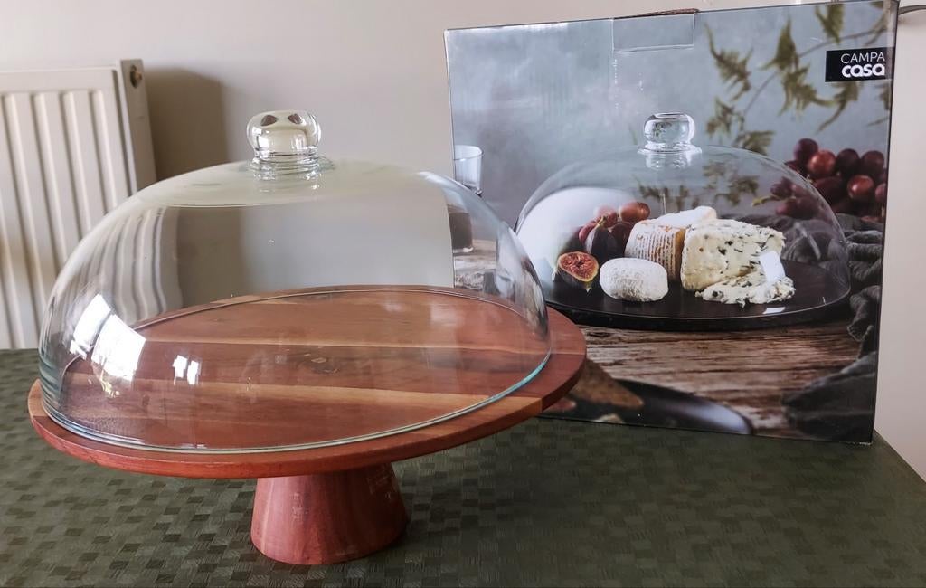 Glazen stolp op houten  schotel met voet, Huis en Inrichting, Ophalen of Verzenden