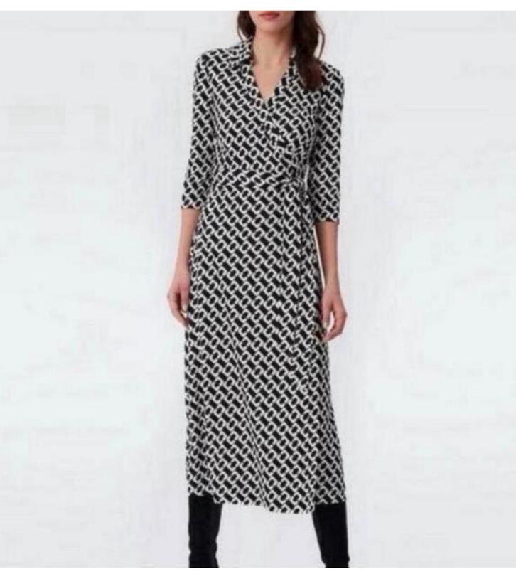 Diane Von Furstenberg - Black & White Chain Link Wrap Dress, Kleding | Dames, Jurken, Zo goed als nieuw, Maat 38/40 (M), Onder de knie