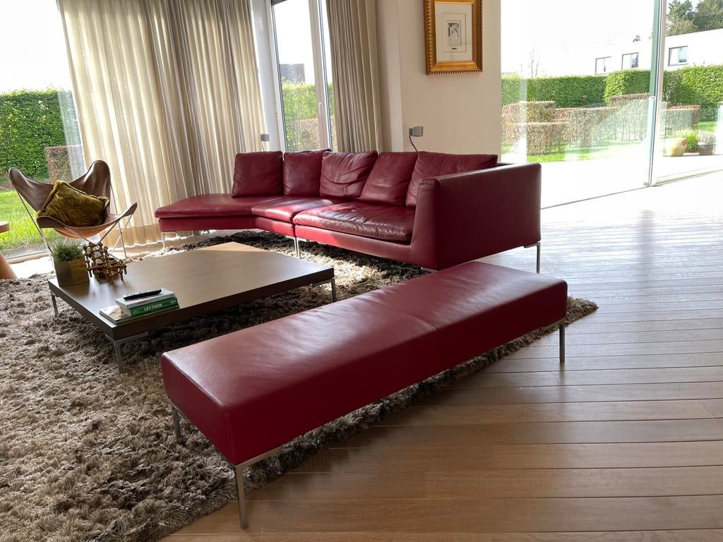 B&B Italia zetel model Charles in hoekopstelling met poef, Ophalen, Gebruikt, Leer, Design