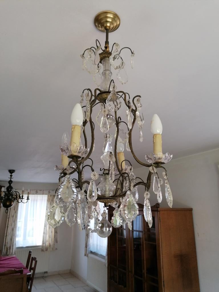 Antieke kristallen kroonluchter van glas, Ophalen, Gebruikt, Glas, Ancien