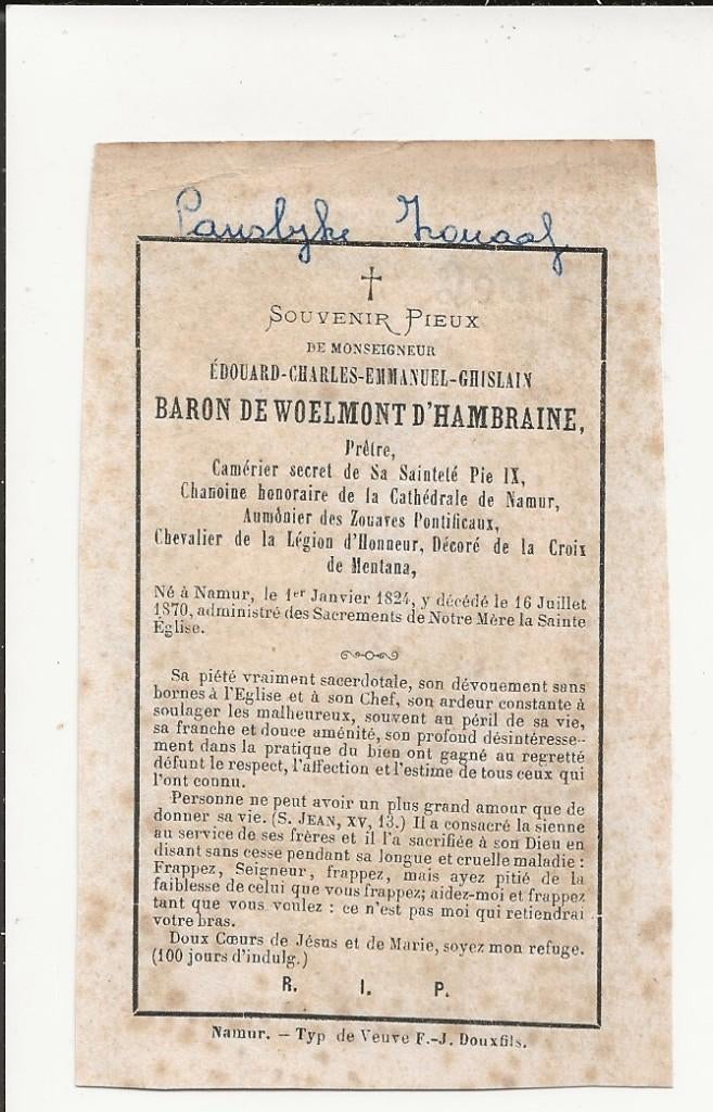 doodsprentje zouaaf almoezenier baron de woelmont +1870, Ophalen of Verzenden, Bidprentje