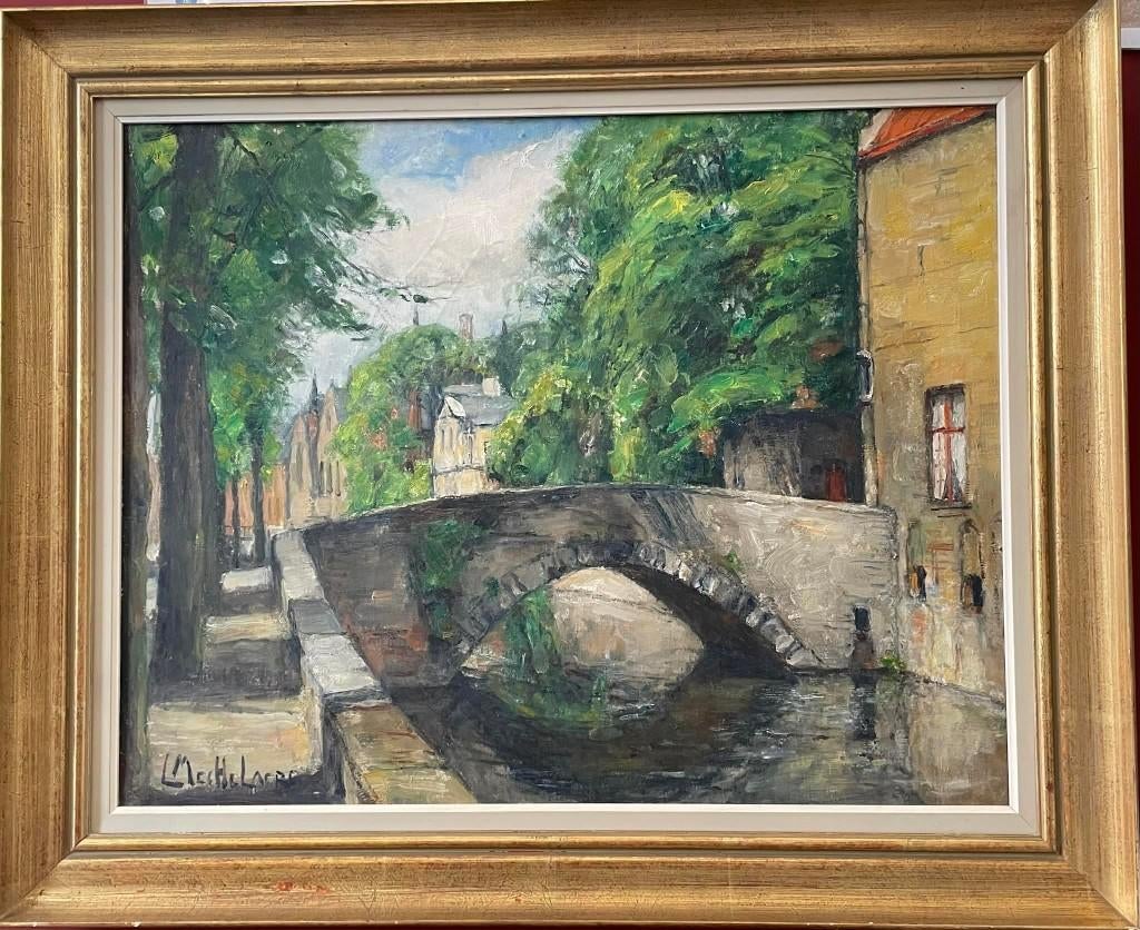 Schilderij Leo Mechelaere (1880-1964)   De Meebrug te Brugge, Antiek en Kunst, Ophalen