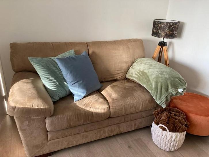 3- en 2-zits zetel in beige daim stof, Huis en Inrichting, Zetels | Zetels, Zo goed als nieuw, Rechte bank, Overige maten, Stof